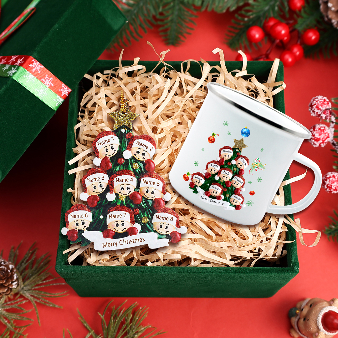 Personalised Family Christmas Tree Ornament Mug Set Custom 8 Names Gifts For Family