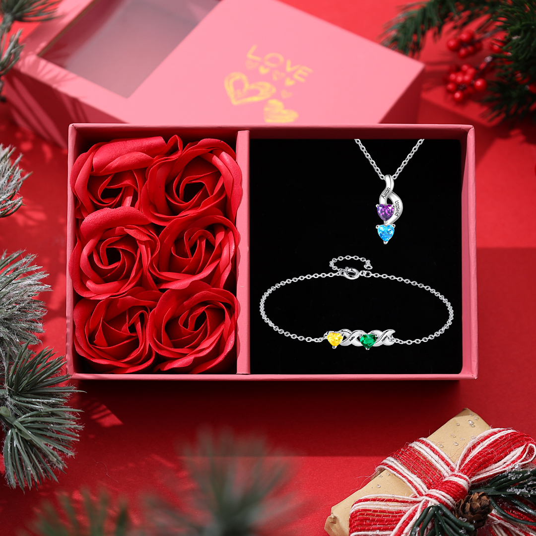 Custom Heart Birthstone Jewelry Set Necklace Bracelet for Family Personalised with 2 Names 2 Birthstones