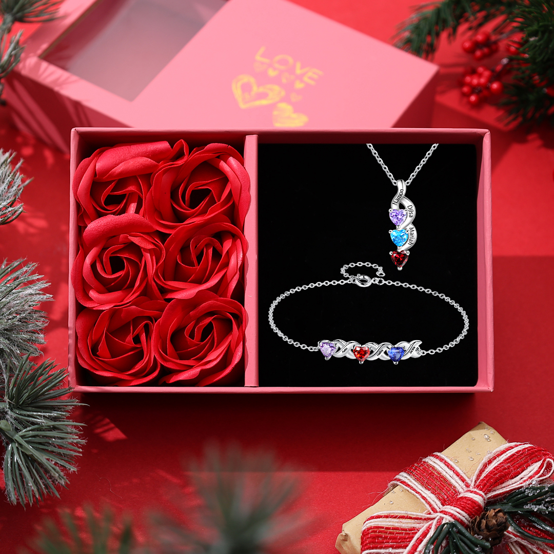 Custom Heart Birthstone Jewelry Set Necklace Bracelet for Family Personalised with 3 Names 3 Birthstones