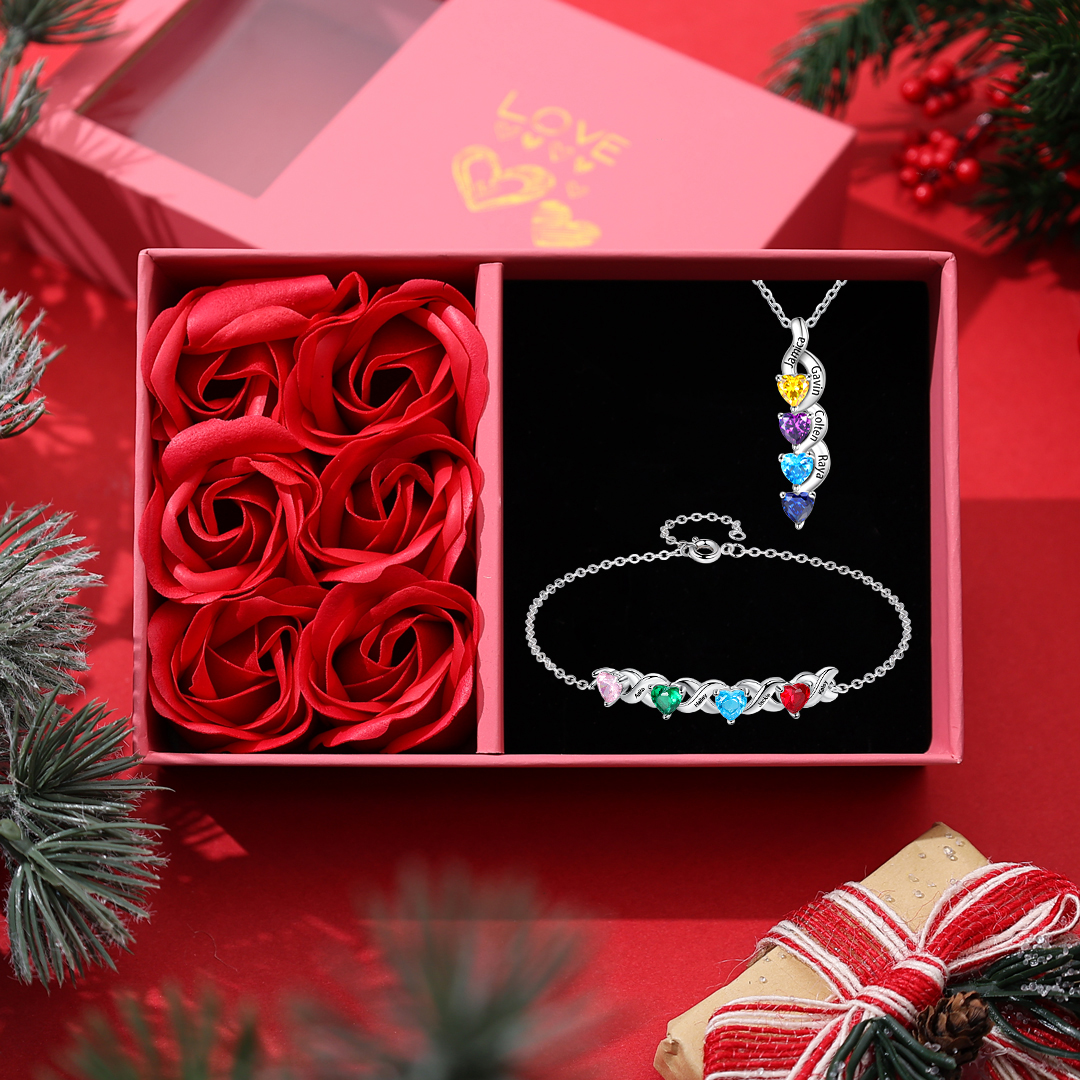 Custom Heart Birthstone Jewelry Set Necklace Bracelet for Family Personalised with 4 Names 4 Birthstones