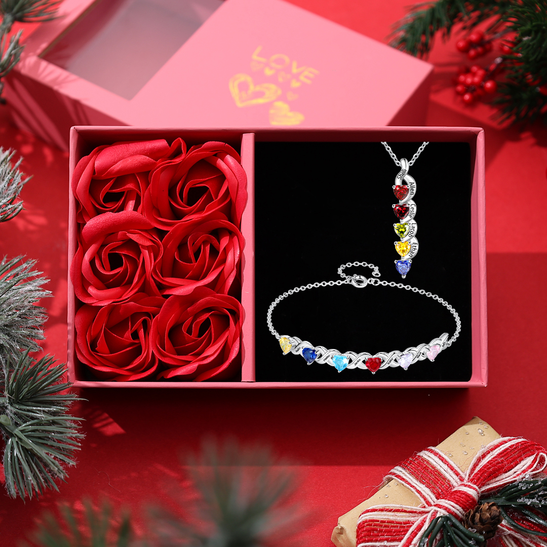 Custom Heart Birthstone Jewelry Set Necklace Bracelet for Family Personalised with 5 Names 5 Birthstones