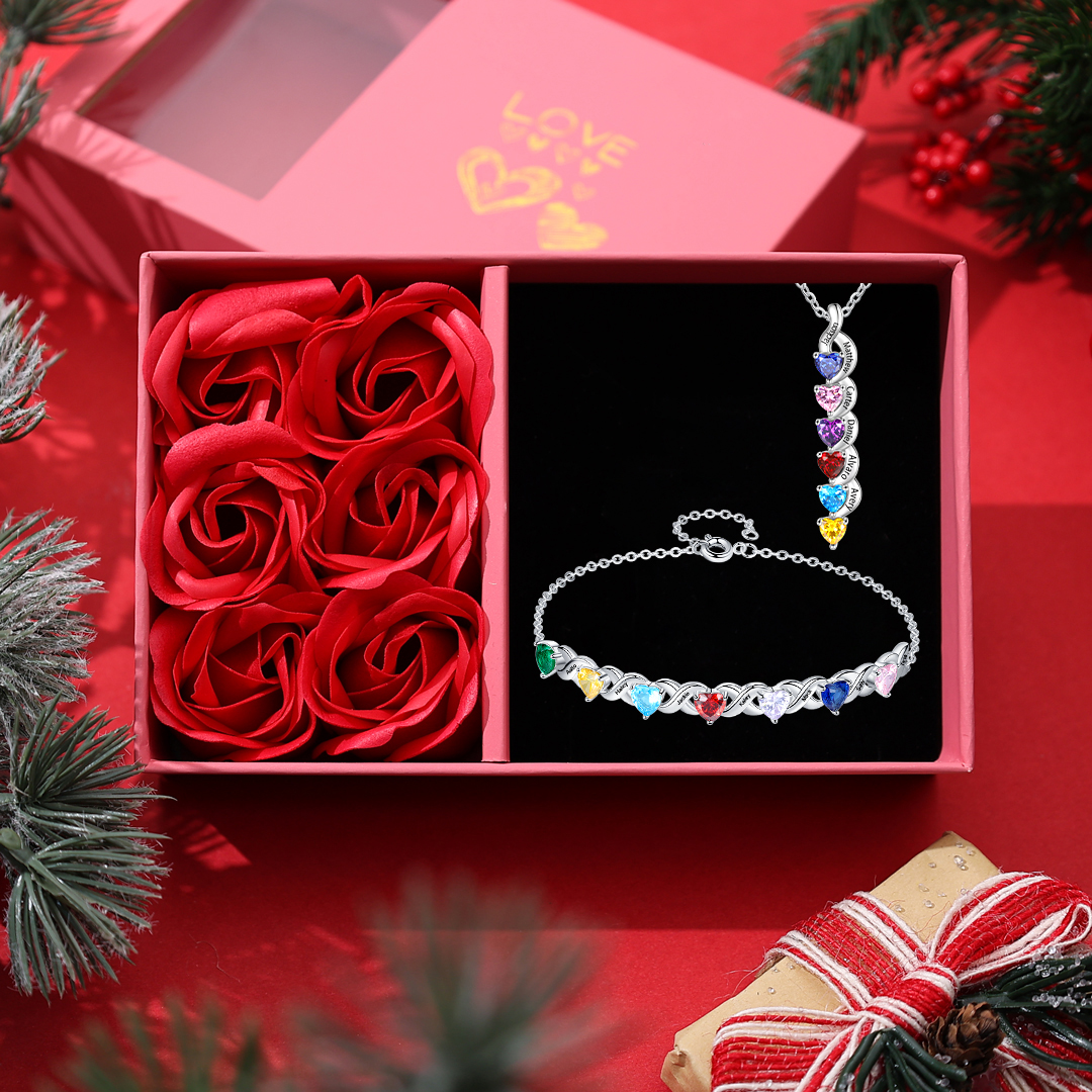Custom Heart Birthstone Jewelry Set Necklace Bracelet for Family Personalised with 6 Names 6 Birthstones-Jessemade AU