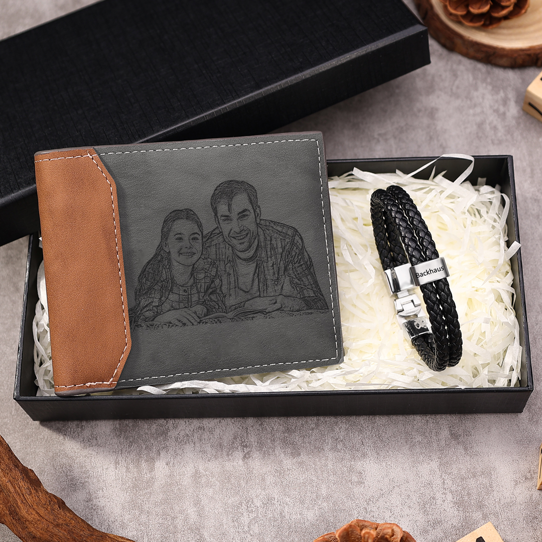 Personalised 1 Photo & 1 Letter & 3 Names Gift Set Custom Wallet & Bracelet Gift Box Set Christmas Gifts