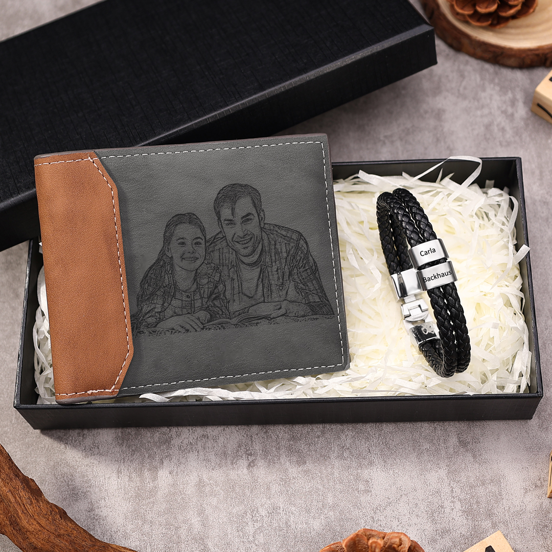 Personalised 1 Photo & 1 Letter & 3 Names Gift Set Custom Wallet & Bracelet Gift Box Set Christmas Gifts