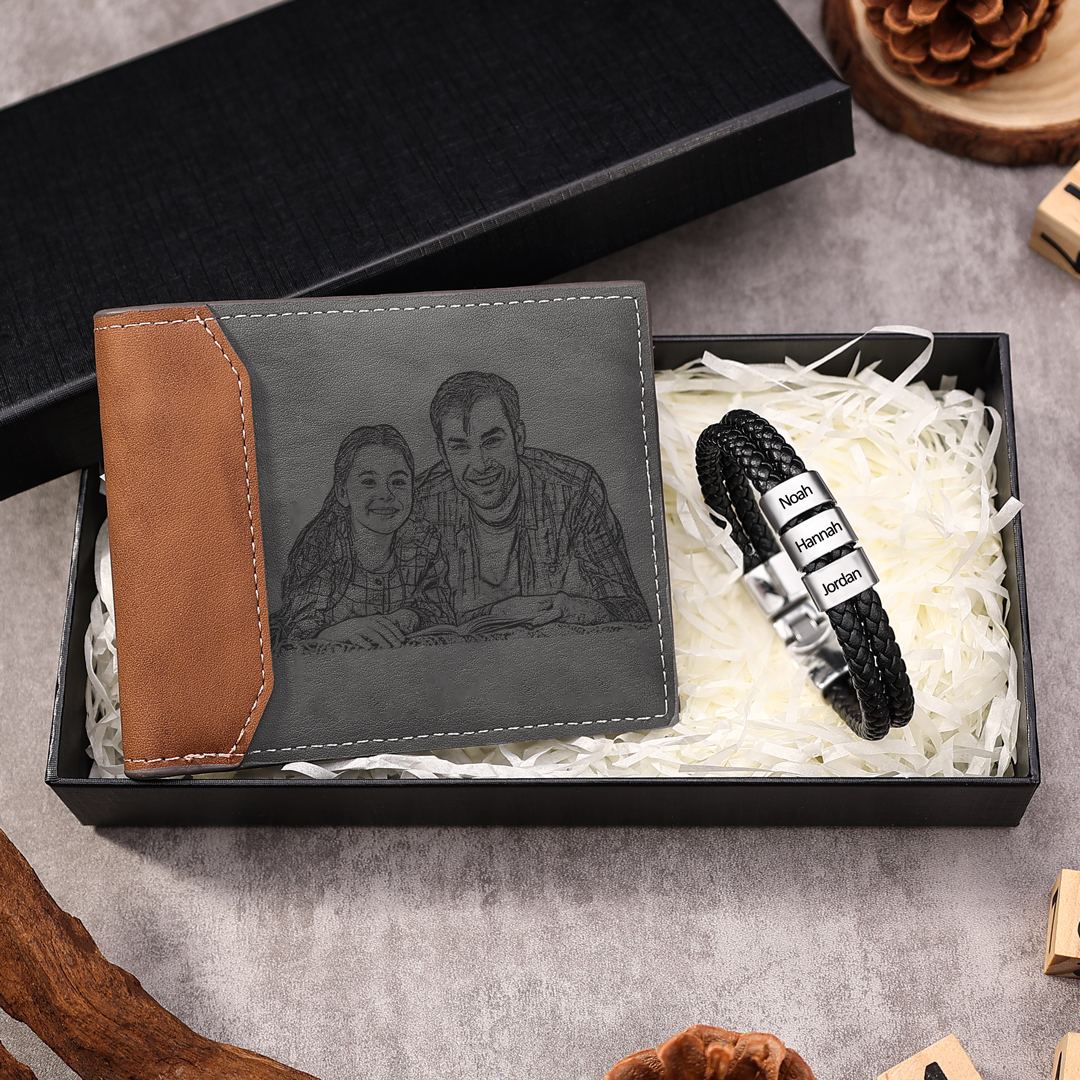 Personalised 1 Photo & 1 Letter & 4 Names Gift Set Custom Wallet & Bracelet Gift Box Set Christmas Gifts