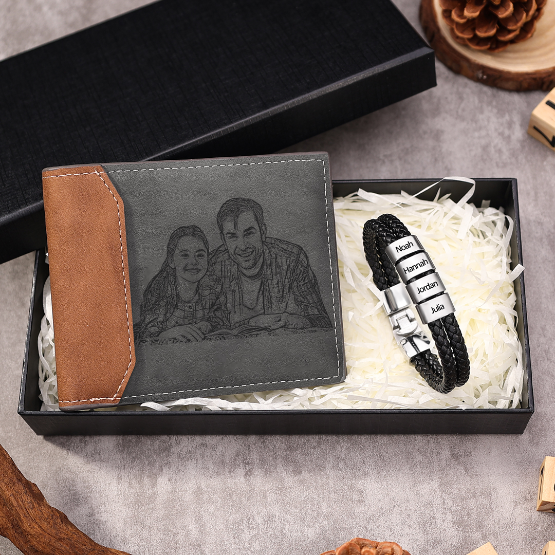 Personalised 1 Photo & 1 Letter & 5 Names Gift Set Custom Wallet & Bracelet Gift Box Set Christmas Gifts