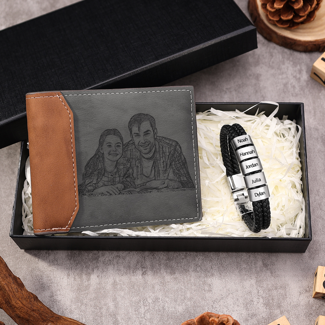 Personalised 1 Photo & 1 Letter & 6 Names Gift Set Custom Wallet & Bracelet Gift Box Set Christmas Gifts