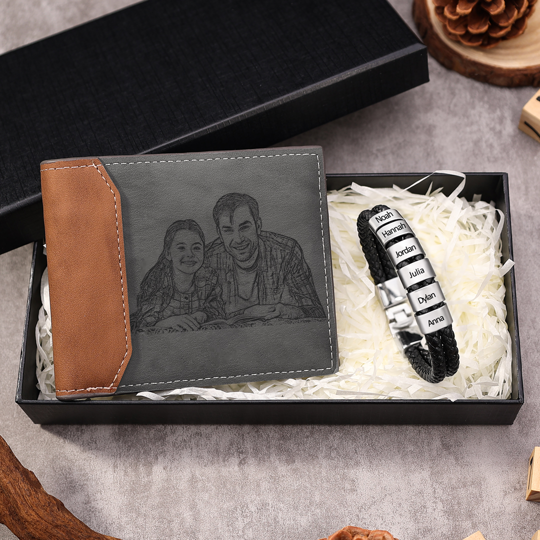 Personalised 1 Photo & 1 Letter & 7 Names Gift Set Custom Wallet & Bracelet Gift Box Set Christmas Gifts
