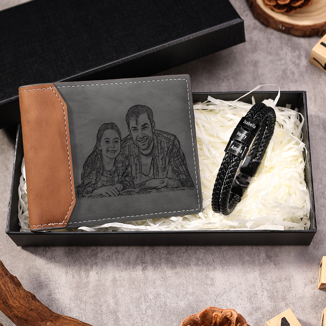 Personalised 1 Photo & 1 Letter & 4 Names Gift Set Custom Wallet & Bracelet Gift Box Set Christmas Gifts