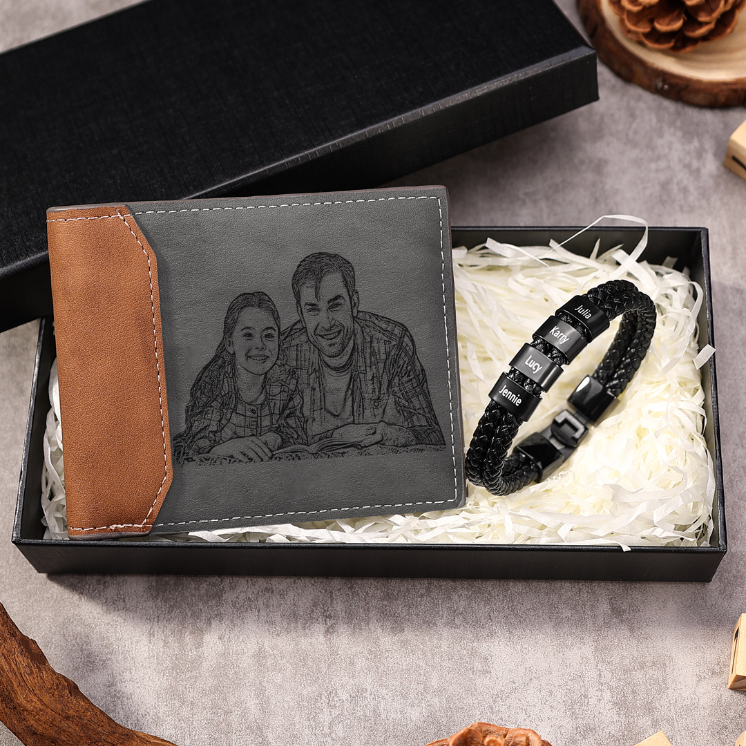 Personalised 1 Photo & 1 Letter & 5 Names Gift Set Custom Wallet & Bracelet Gift Box Set Christmas Gifts