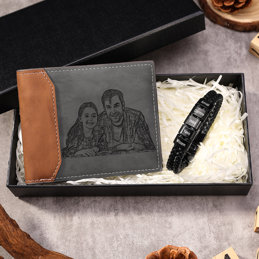Personalised 1 Photo & 1 Letter & 6 Names Gift Set Custom Wallet & Bracelet Gift Box Set Christmas Gifts
