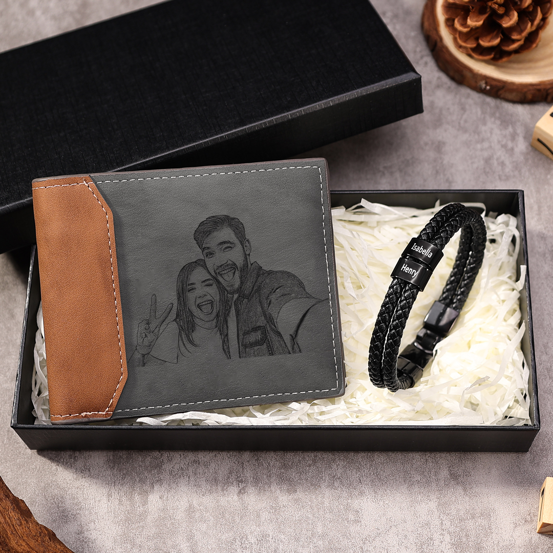 Personalised 1 Photo & 1 Letter & 3 Names Gift Set Custom Wallet & Bracelet Gift Box Set Christmas Gifts