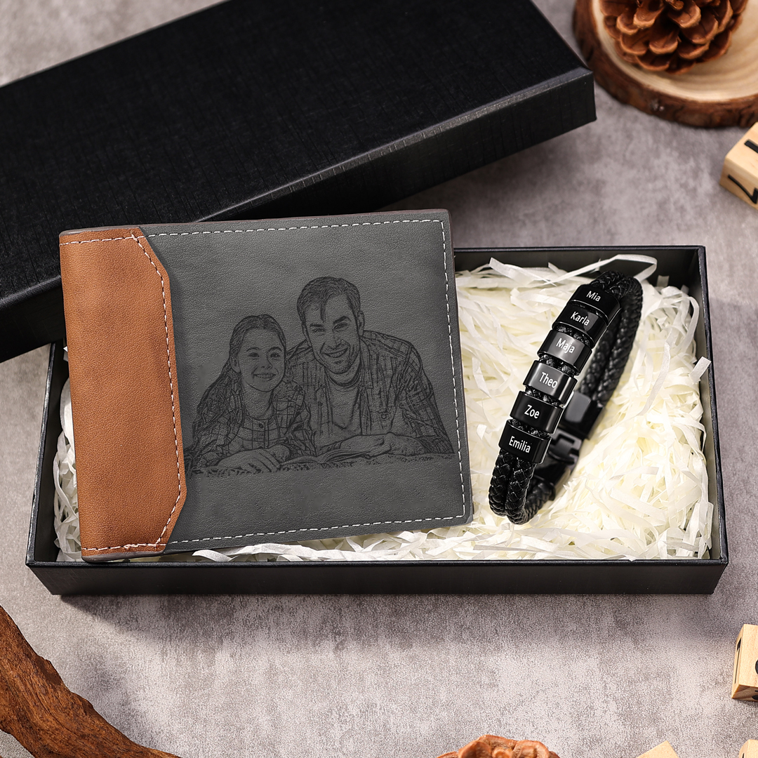 Personalised 1 Photo & 1 Letter & 7 Names Gift Set Custom Wallet & Bracelet Gift Box Set Christmas Gifts