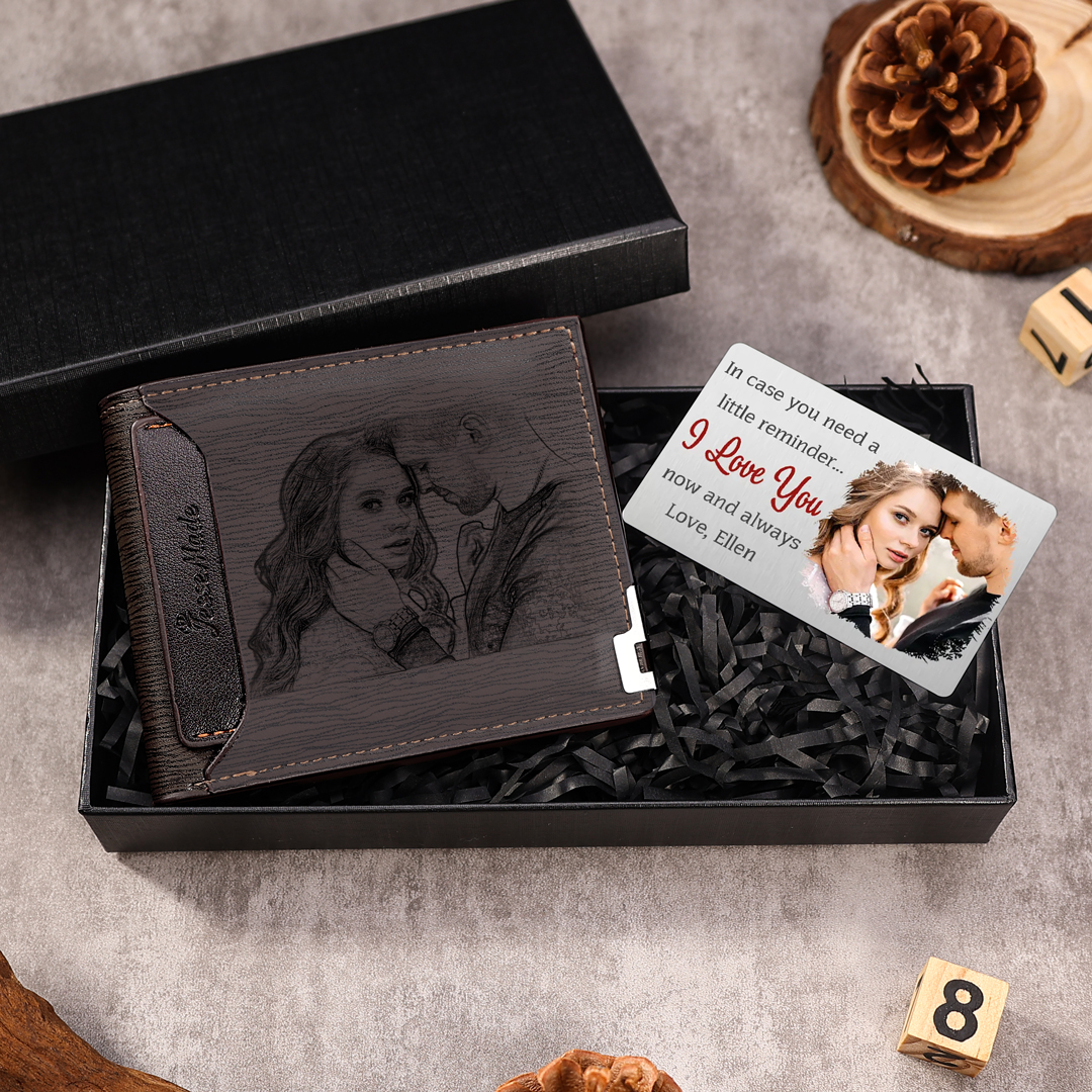 Men Photo Wallet Personalised Letter&Name Wallet Brown Colour with Photo Wallet Card Christmas Wallet Gift Set For Him