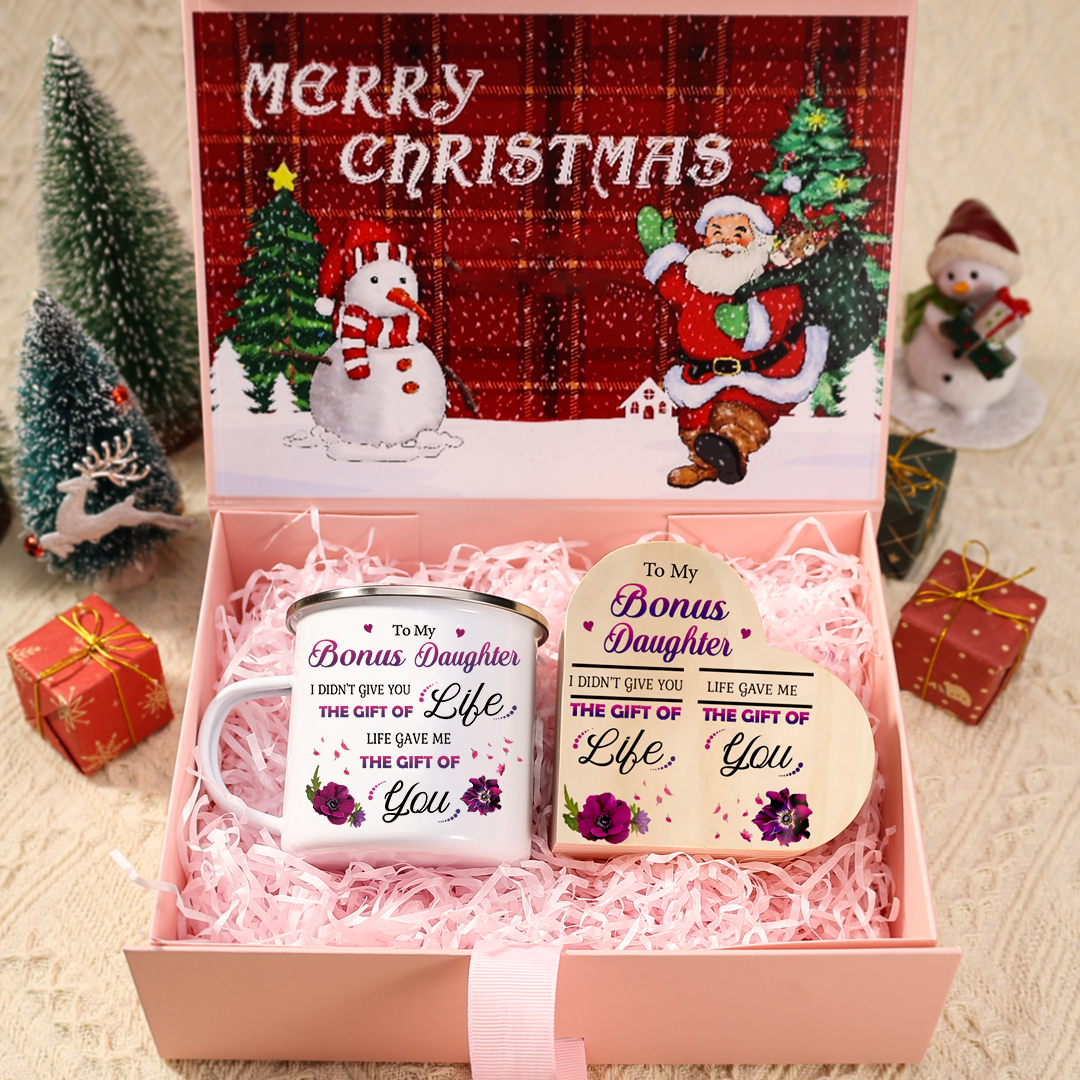 To My Bonus Daughter Christmas Gift Set with Violet Flower Heart Candle Holder Mug "Life Gave Me The Gift of You" Candlestick