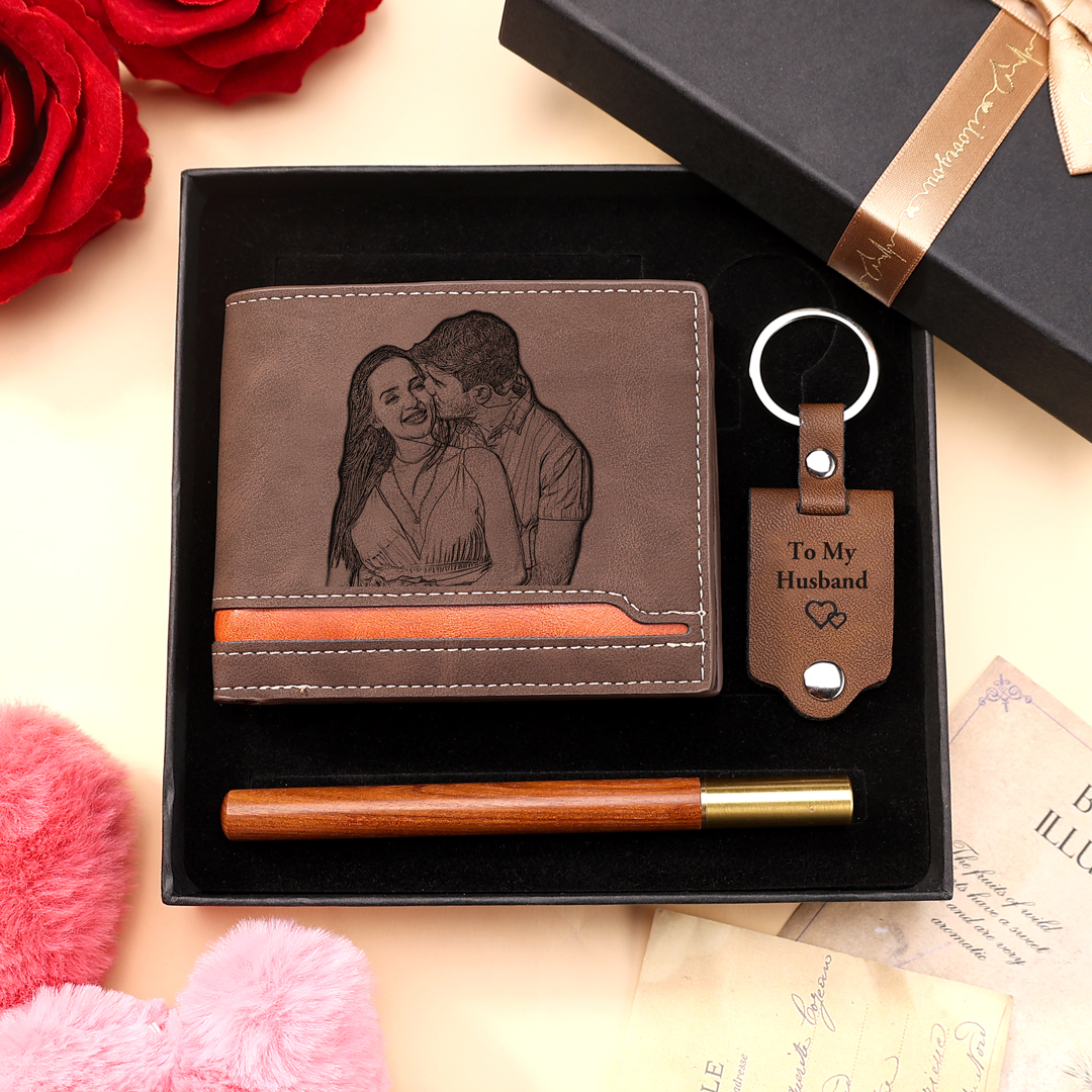 Personalised Gift Set for Him Custom Wallet Leather Keychain