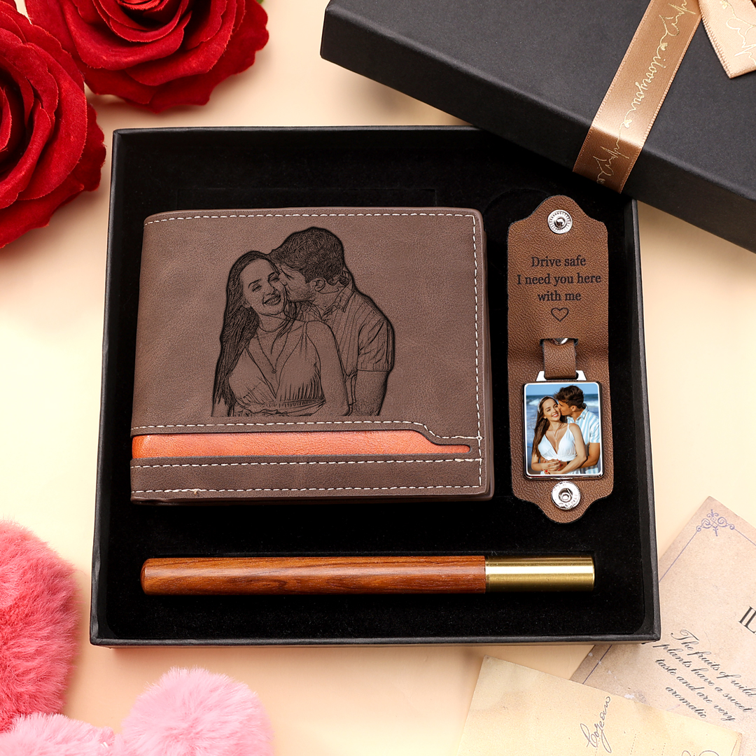 Personalised Gift Set for Him Custom Wallet Leather Keychain