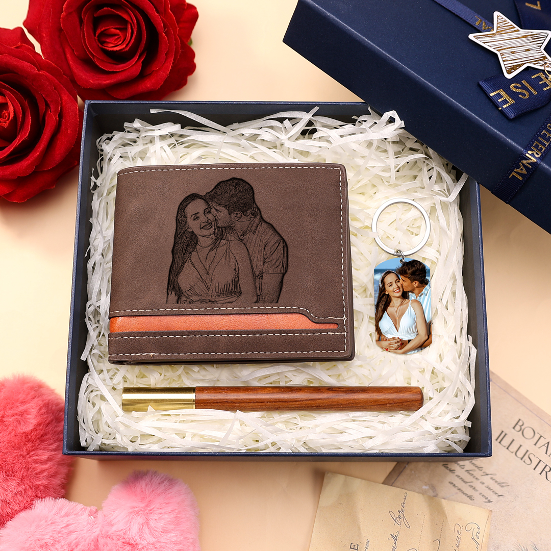 Personalised Gift Set for Him Custom Wallet Stainless Steel Photo Keychain Pen Elegant Gift Box
