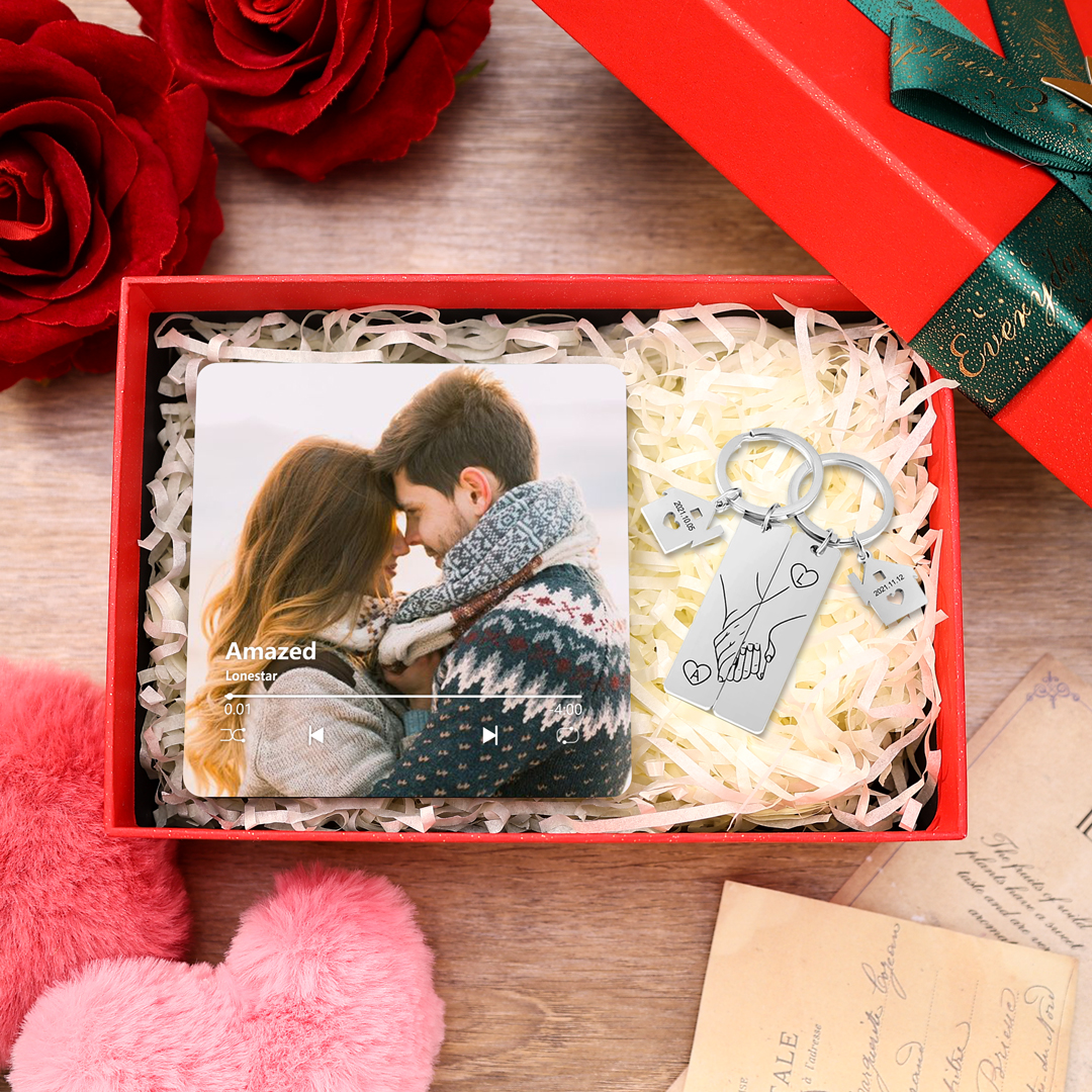 Personalised Couples Gift Set Custom Photo Music Magnet and Holding Hands Keychain in Gift Box