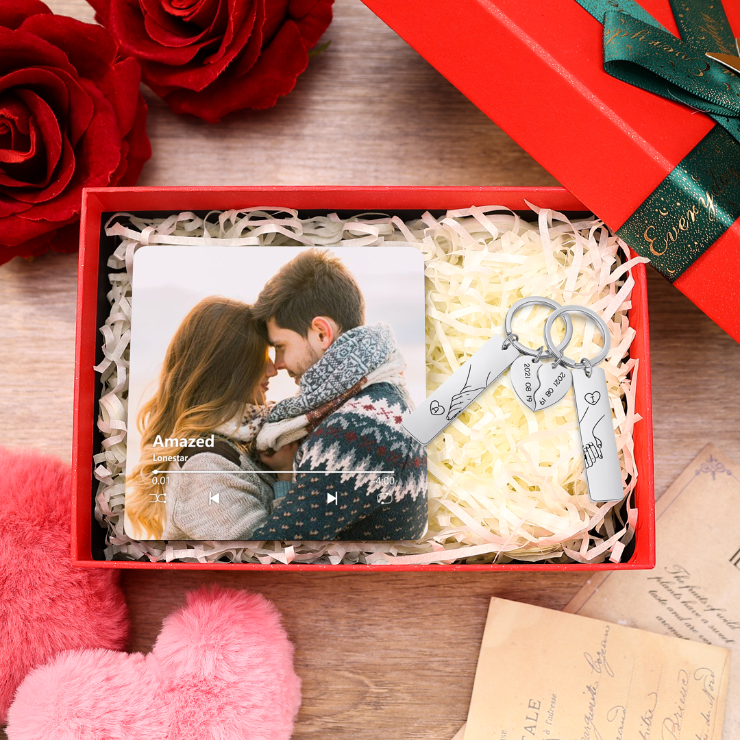 Personalised Gift Set for Couples Custom Photo Music Magnet Heart Keychain