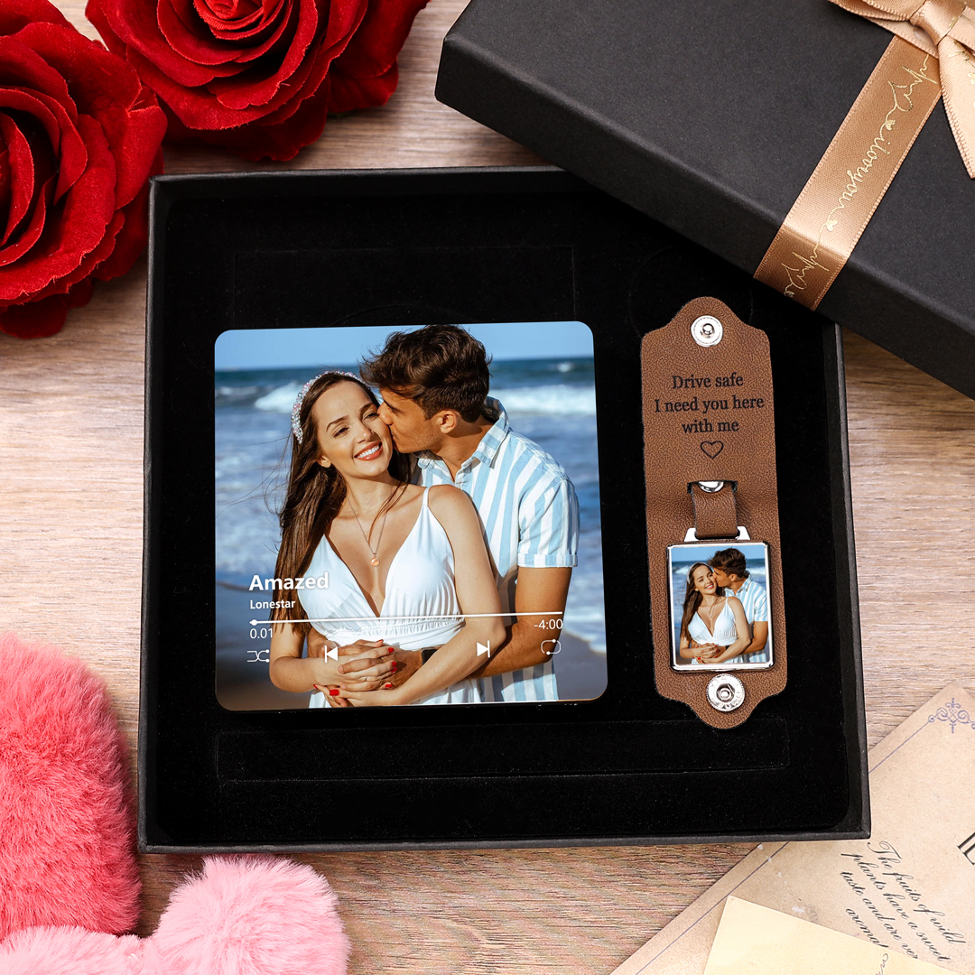 Personalised Gift Set for Couples Custom Photo Music Magnet Leather Keychain Perfect Valentine's Gift
