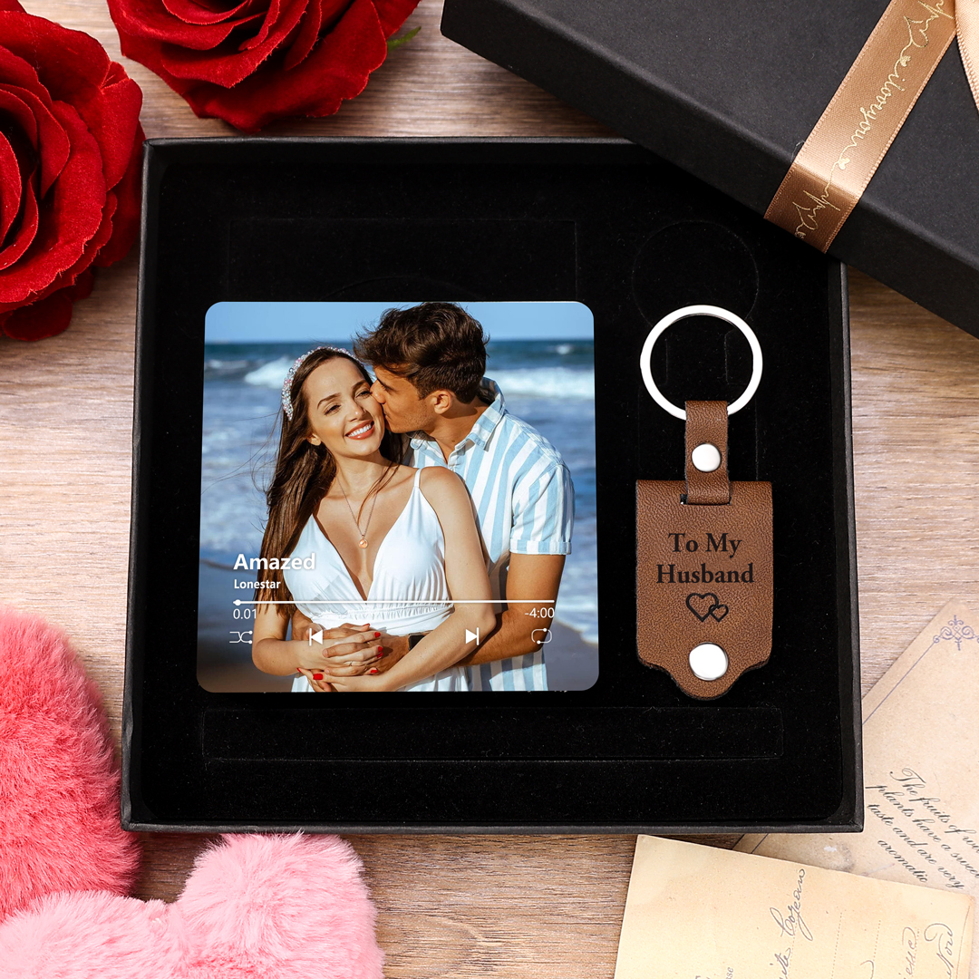 Personalised Gift Set for Couples Custom Photo Music Magnet Leather Keychain Perfect Valentine's Gift