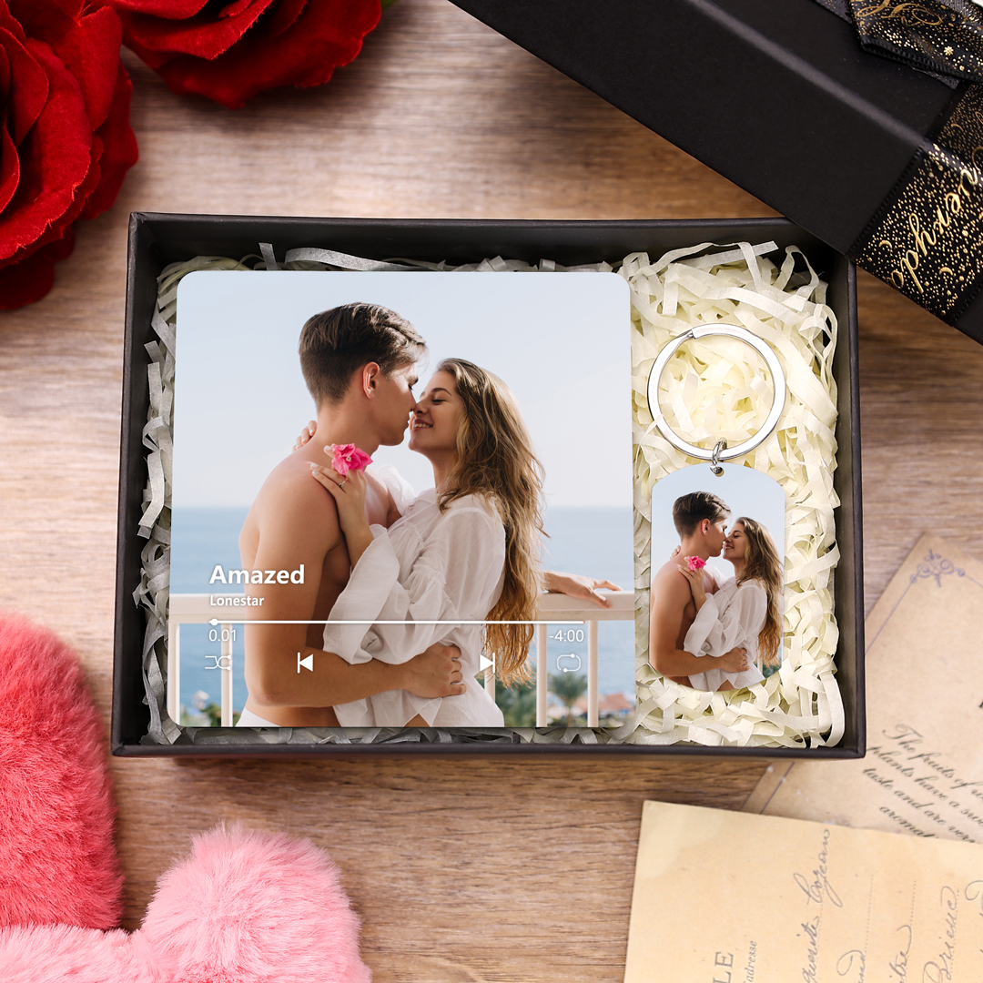 Personalised Gift Set for Couples Custom Photo Music Magnet Engraved Keychain Perfect Valentines Gift