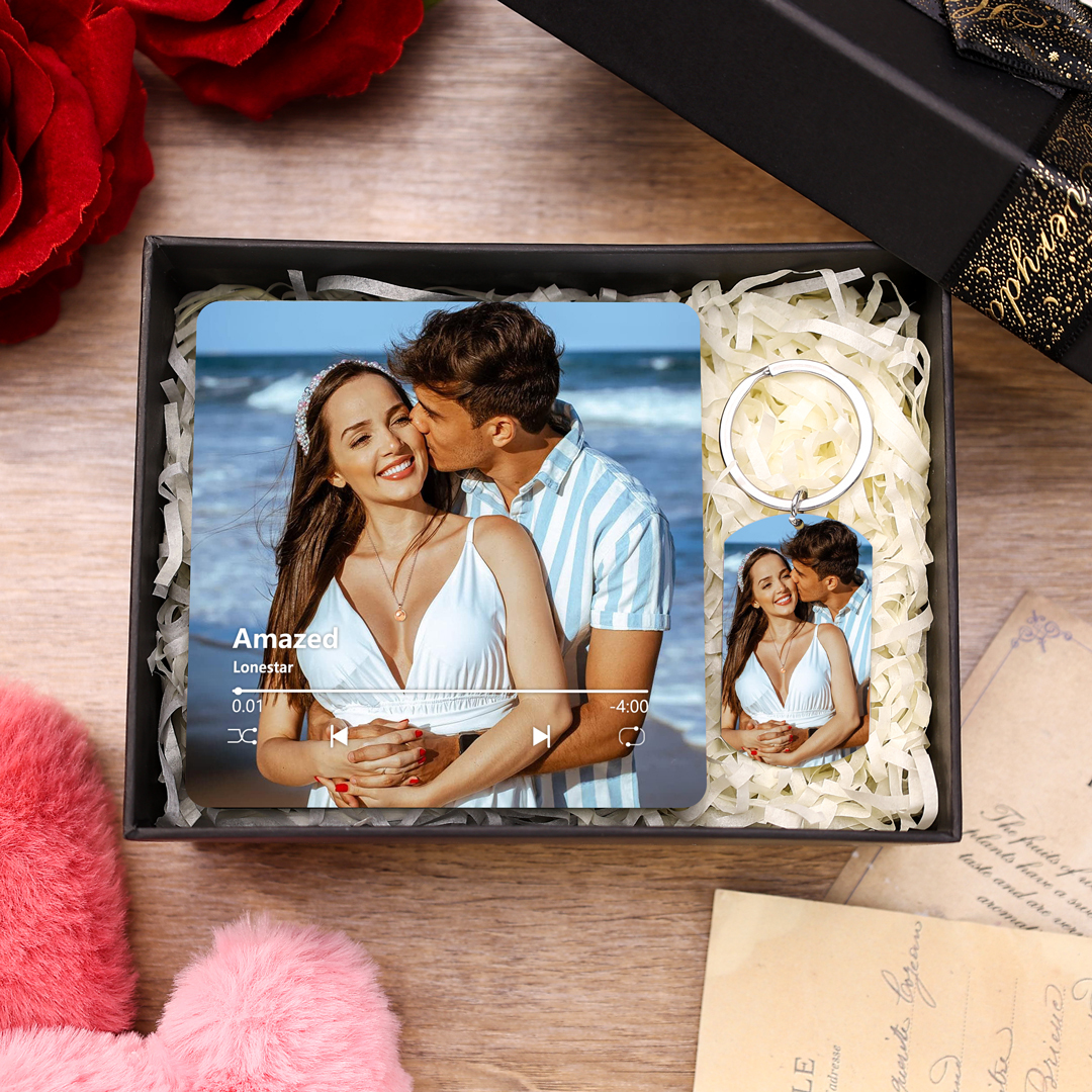Personalised Gift Set for Couples Custom Photo Music Magnet Engraved Keychain Perfect Valentines Gift