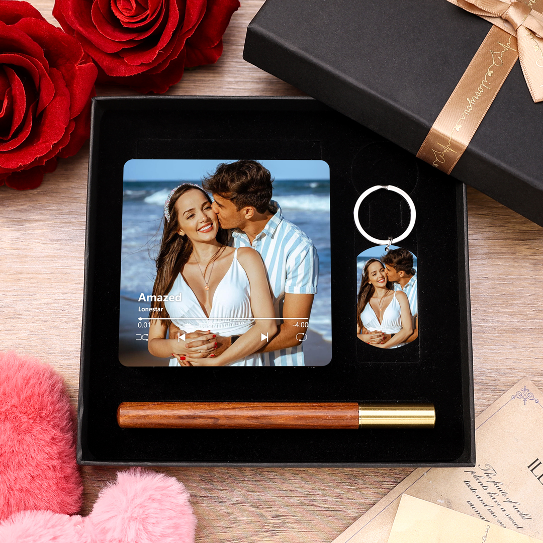 Personalised Gift Set for Him Custom Music Photo Magnet, Engraved Keychain Wooden Pen and Gift Box Perfect Valentines Day Gift