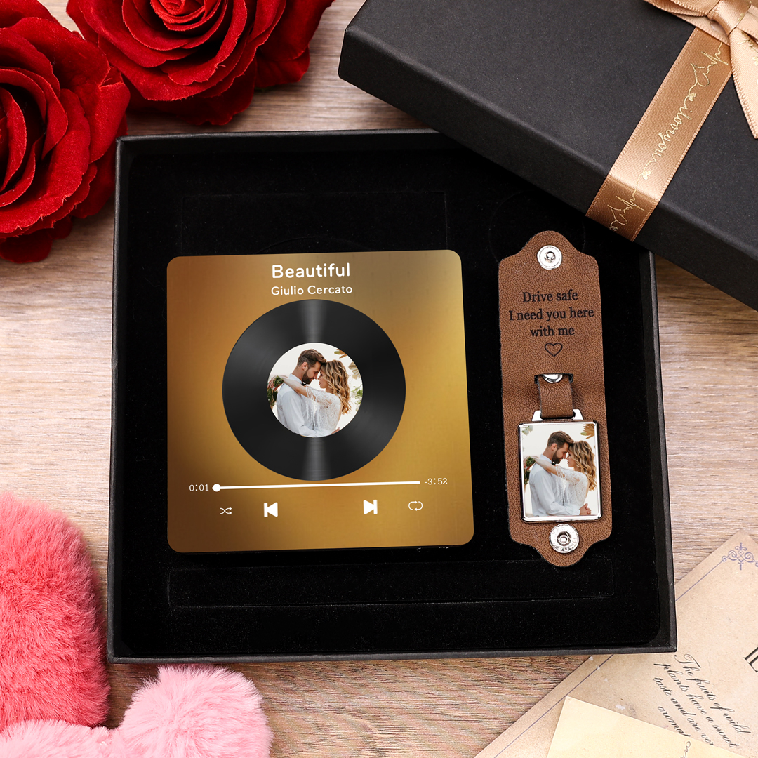 Personalised Gift Set for Couples Custom Music Photo Magnet, Leather Keychain with Photo Texts and Gift Box Perfect Valentines Gift