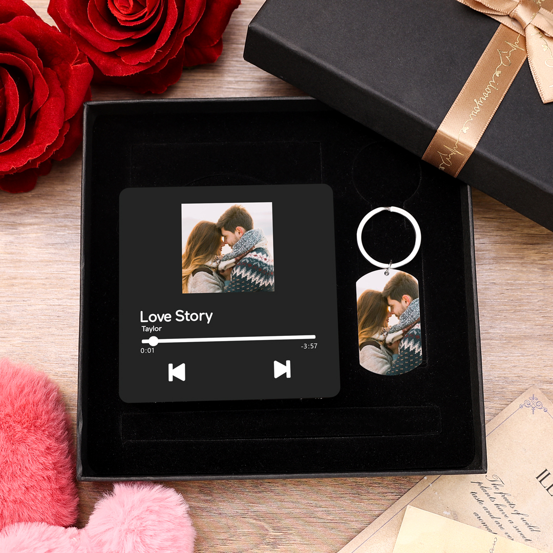 Custom Photo Music Fridge Magnet Keychain Gift Set for Couples