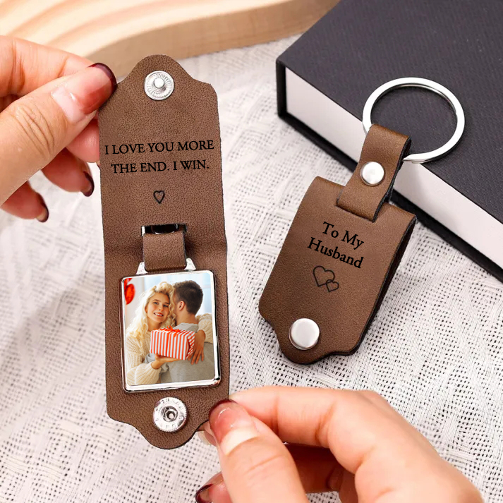 Personalised Photo Keychain Custom Text Leather Keyring Valentine's Day Gift I Love You More The End I Win
