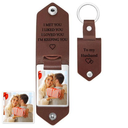 Personalised Photo Keychain Custom Text Leather Keyring Valentine's Day Gift I Met You I Liked You I Loved You
