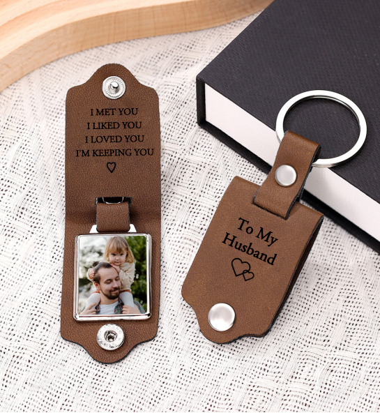Personalised Photo Keychain Custom Text Leather Keyring Valentine's Day Gift I Met You I Liked You I Loved You