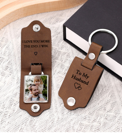 Personalised Photo Keychain Custom Text Leather Keyring Valentine's Day Gift I Love You More The End I Win