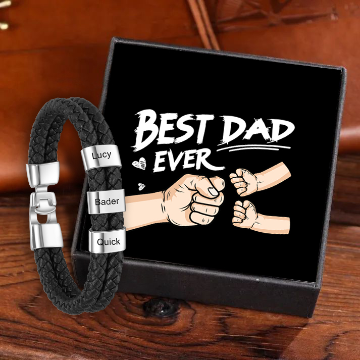 Personalised Braided Leather Mens Bracelet With Custom Engraved 3 Kids Names - Father's Day Gift for Dad | Jessemade-Jessemade AU