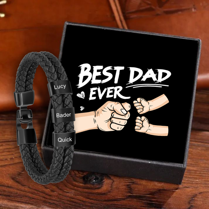 Personalised Braided Leather Mens Bracelet With Custom Engraved 3 Kids Names - Father's Day Gift for Dad | Jessemade-Jessemade AU