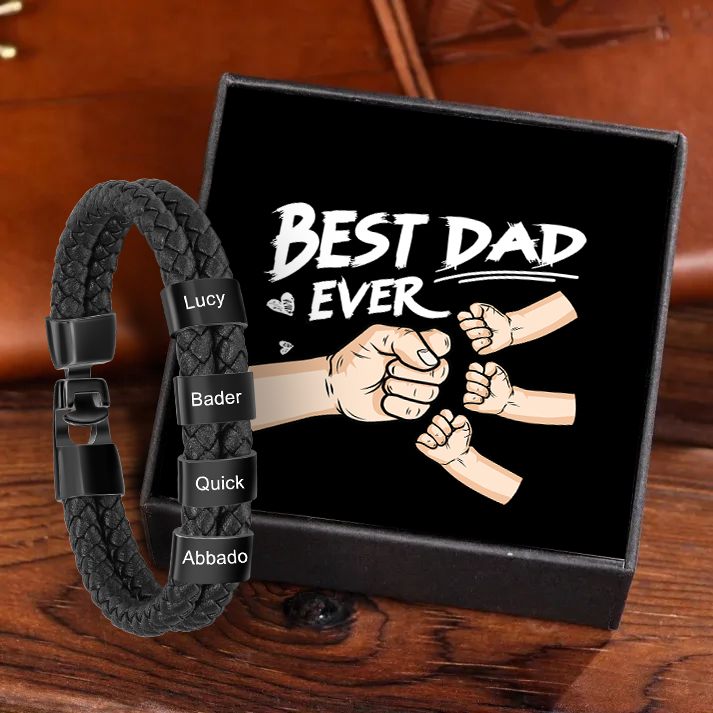 Personalised Braided Leather Bracelet Engraved 4 Names Men's Bracelet for Him