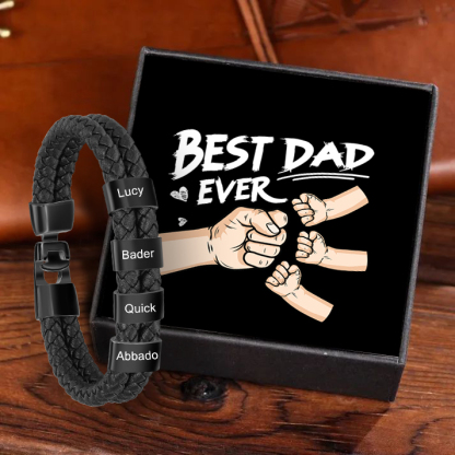 Personalised Braided Leather Mens Bracelet With Custom Engraved 4 Kids Names - Father's Day Gift for Dad | Jessemade-Jessemade AU
