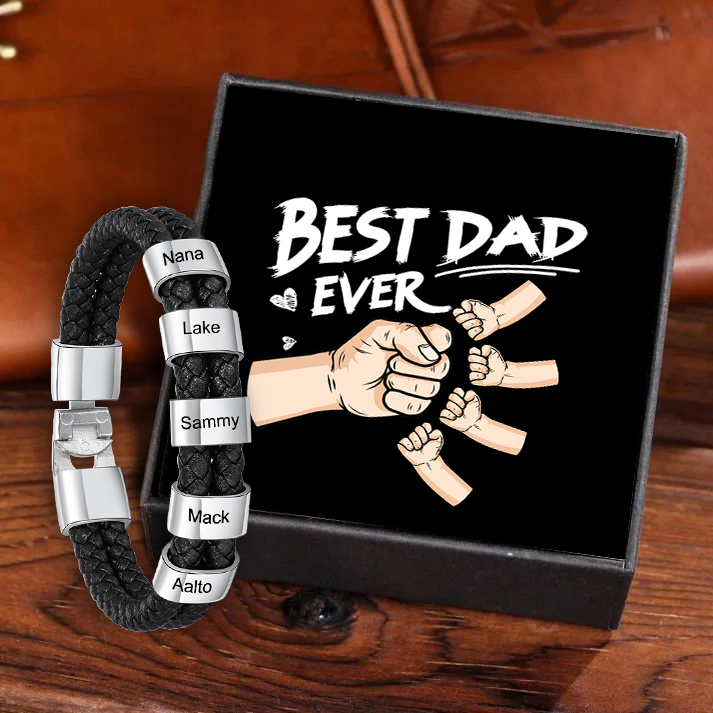 Personalised Braided Leather Mens Bracelet With Custom Engraved 5 Kids Names - Father's Day Gift for Dad | Jessemade-Jessemade AU