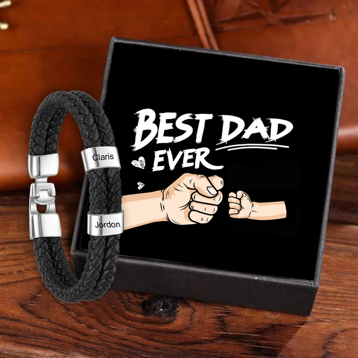 Personalised Braided Leather Bracelet Engraved 2 Names Men's Bracelet for Him