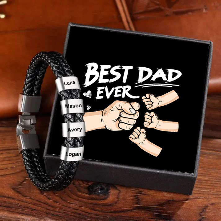 Personalised Braided Leather Mens Bracelet With Custom Engraved 4 Kids Names - Father's Day Gift for Dad | Jessemade-Jessemade AU