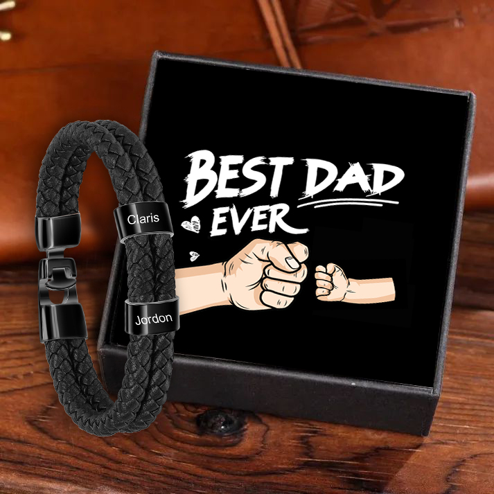 Personalised Braided Leather Bracelet Engraved 2 Names Men's Bracelet for Him