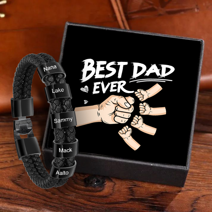 Personalised Braided Leather Bracelet Engraved 5 Names Men's Bracelet for Him