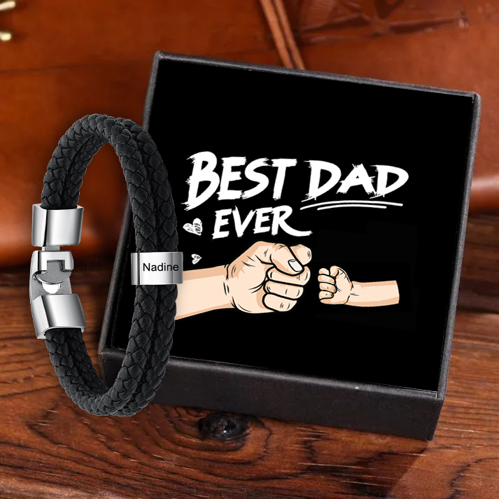 Personalised Braided Leather Mens Bracelet With Custom Engraved 1 Kid Name - Father's Day Gift for Dad | Jessemade-Jessemade AU