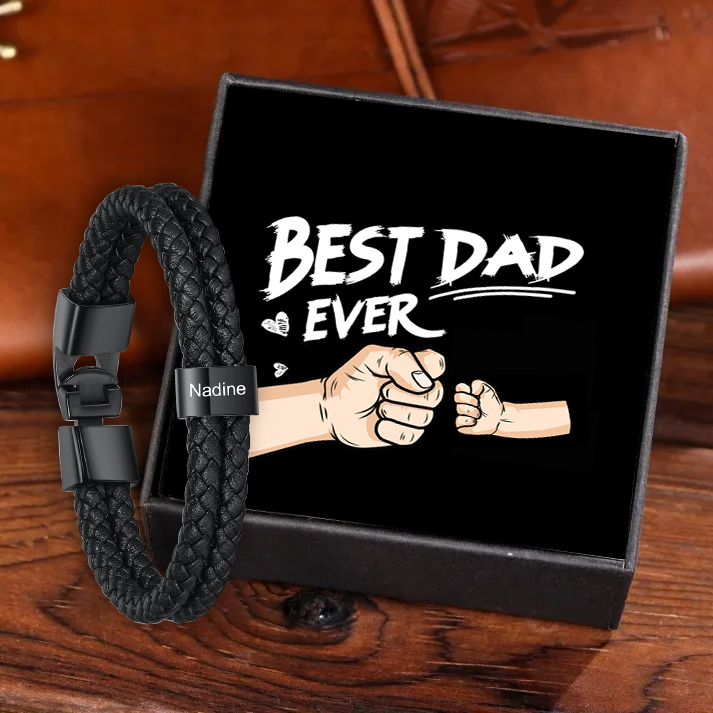 Personalised Braided Leather Mens Bracelet With Custom Engraved 1 Kid Name - Father's Day Gift for Dad | Jessemade-Jessemade AU