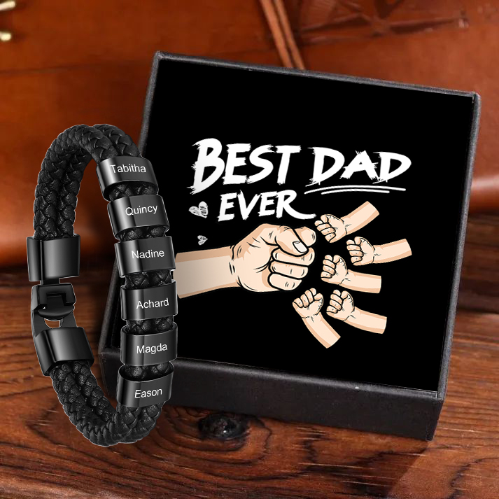 Personalised Braided Leather Mens Bracelet With Custom Engraved 6 Kids Names - Father's Day Gift for Dad | Jessemade-Jessemade AU