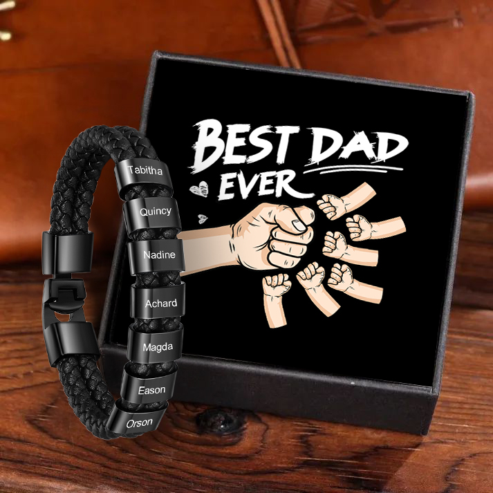 Personalised Braided Leather Mens Bracelet With Custom Engraved 7 Kids Names - Father's Day Gift for Dad | Jessemade-Jessemade AU