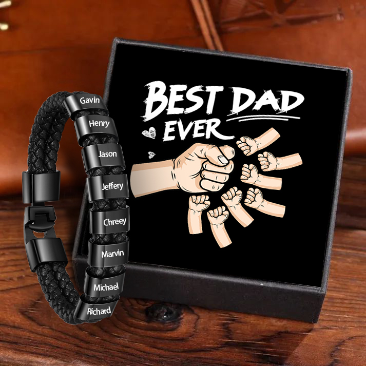 Personalised Braided Leather Mens Bracelet With Custom Engraved 8 Kids Names - Father's Day Gift for Dad | Jessemade-Jessemade AU