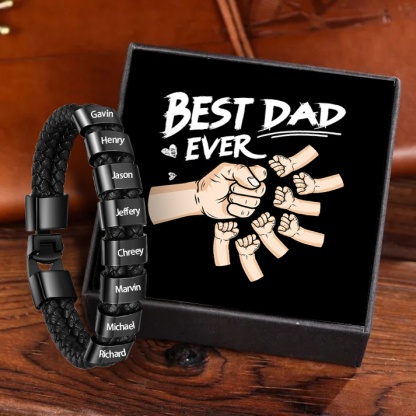 Personalised Braided Leather Mens Bracelet With Custom Engraved 8 Kids Names - Father's Day Gift for Dad | Jessemade-Jessemade AU